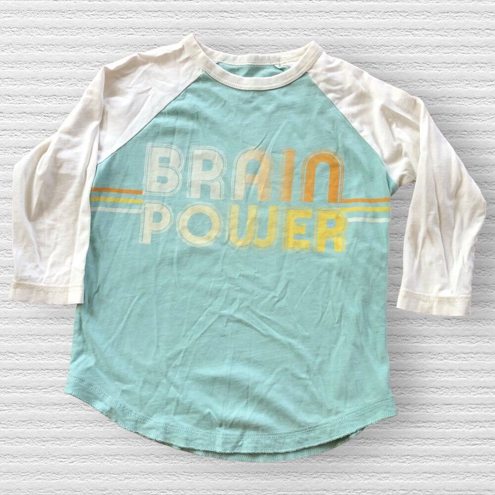 Peek - Brain Power - Raglan Graphic Tee Size 4-5 Cotton Blue Yellow Double Sided